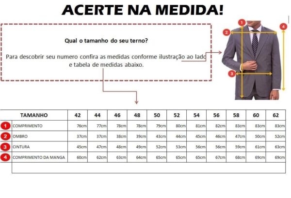 Terno E Blazer Com Tabela De Medidas E Tamanhos Para Ajustar